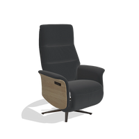 Recliner Atlas 6685 in Leather B500 (black), natural wood side panels, espresso metal base, angled view