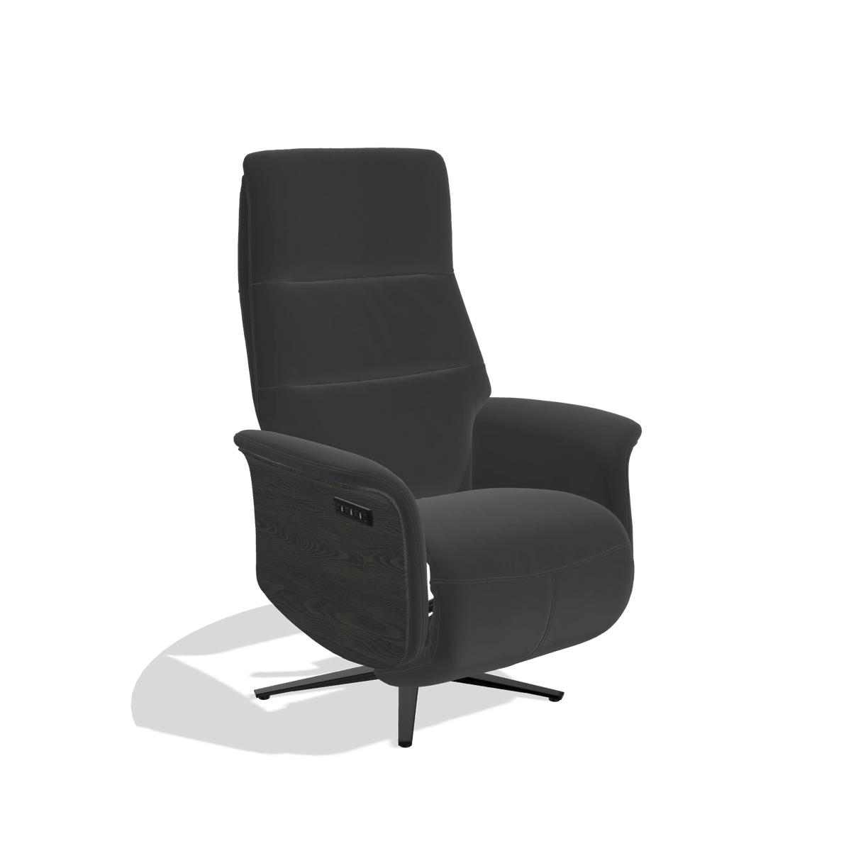 Recliner Atlas 6685 in Leather B500 (black), tobacco wood side panels, black metal base, angled view