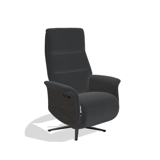Sillón reclinable Atlas 6685 en Piel B500 (negro), paneles laterales de madera en tabaco, base metálica en negro, vista en ángulo