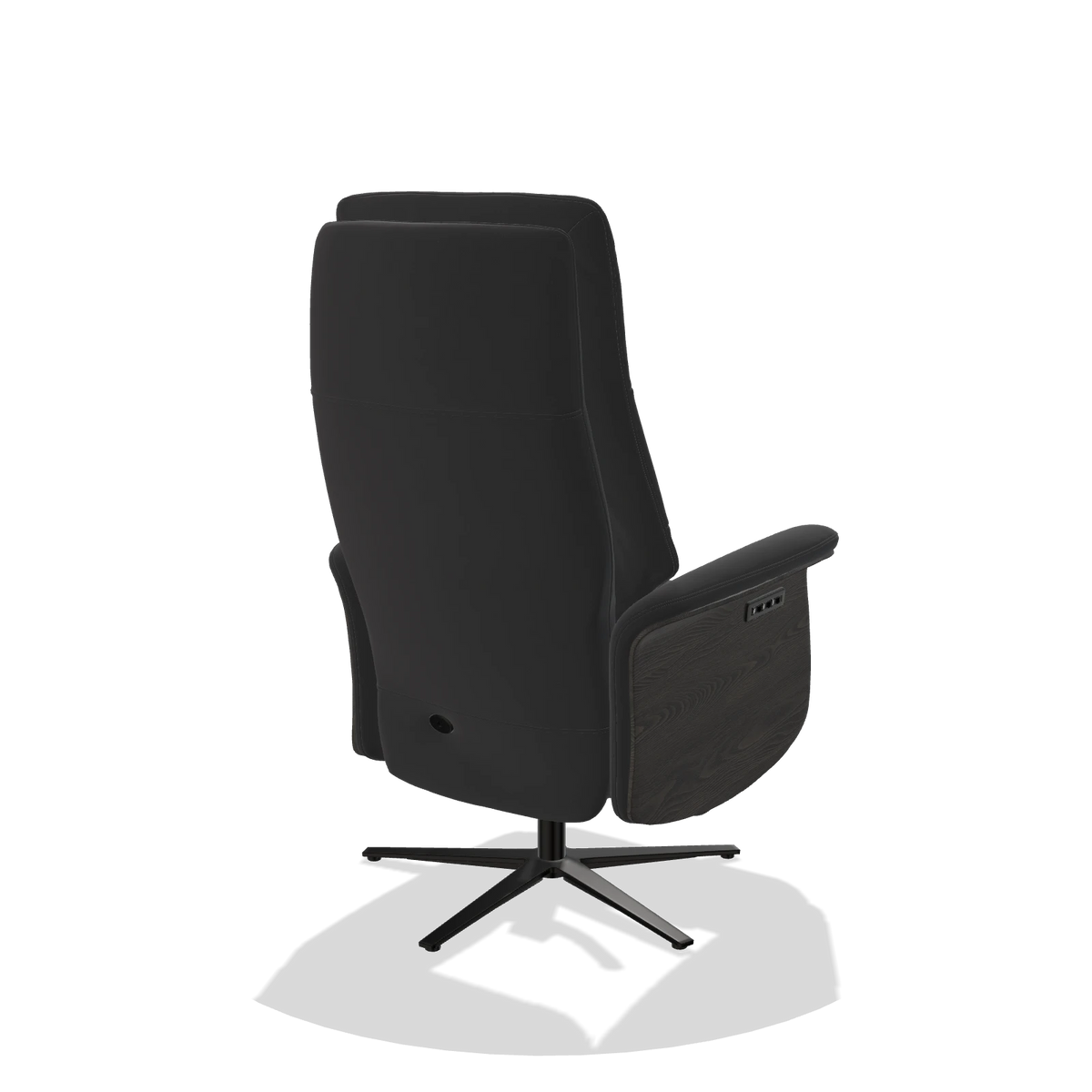 Recliner Atlas 6685 in Leather B500 (black), tobacco wood side panels, black metal base, back angled view