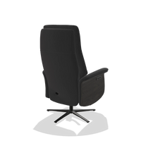 Recliner Atlas 6685 in Leather B500 (black), tobacco wood side panels, black metal base, back angled view