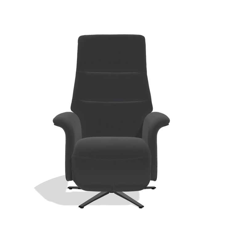 Recliner Atlas 6685 in Leather B500 (black), tobacco wood side panels, black metal base, front view