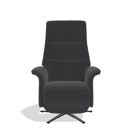Sillón reclinable Atlas 6685 en Piel B500 (negro), paneles laterales de madera en tabaco, base metálica en negro, vista frontal