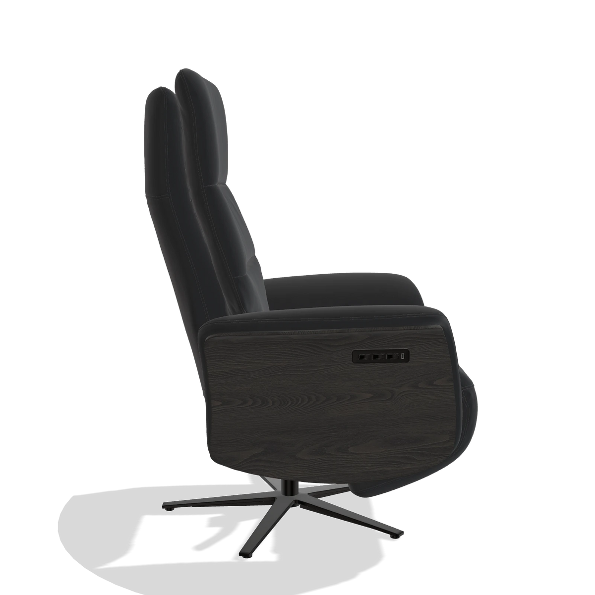 Recliner Atlas 6685 in Leather B500 (black), tobacco wood side panels, black metal base, side view