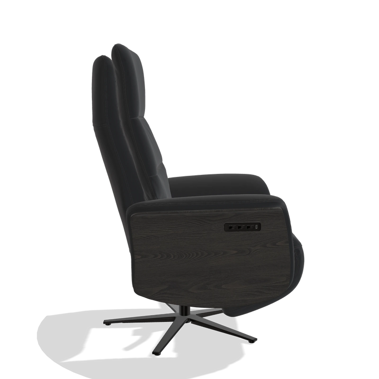 Recliner Atlas 6685 in Leather B500 (black), tobacco wood side panels, black metal base, side view