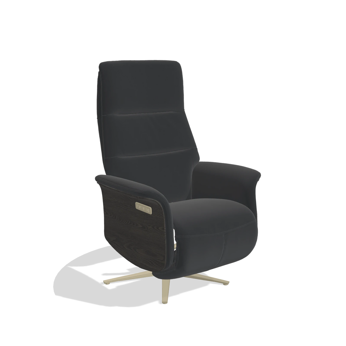 Recliner Atlas 6685 in Leather B500 (black), tobacco wood side panels, champagne metal base, angled view