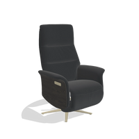Recliner Atlas 6685 in Leather B500 (black), tobacco wood side panels, champagne metal base, angled view