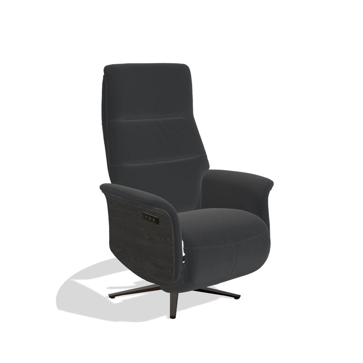 Recliner Atlas 6685 in Leather B500 (black), tobacco wood side panels, espresso metal base, angled view