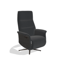 Recliner Atlas 6685 in Leather B500 (black), tobacco wood side panels, espresso metal base, angled view