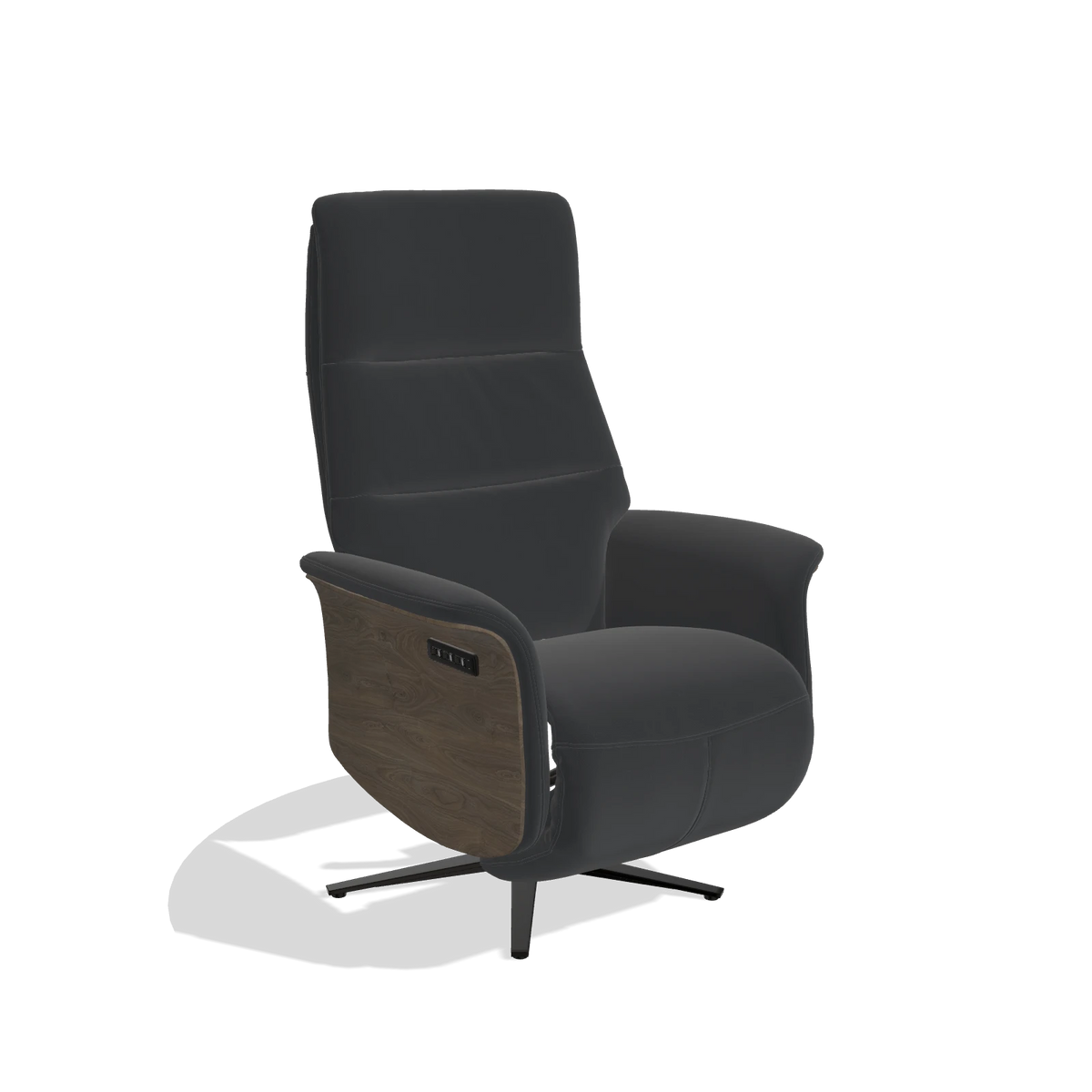 Recliner Atlas 6685 in Leather B500 (black), walnut wood side panels, black metal base, angled view