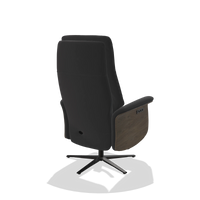 Recliner Atlas 6685 in Leather B500 (black), walnut wood side panels, black metal base, back angled view
