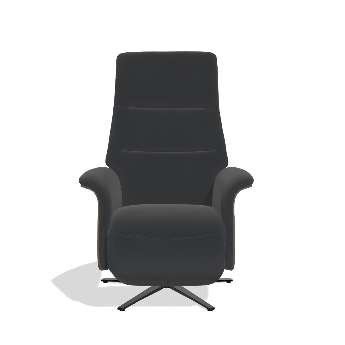 Recliner Atlas 6685 in Leather B500 (black), walnut wood side panels, black metal base, front view