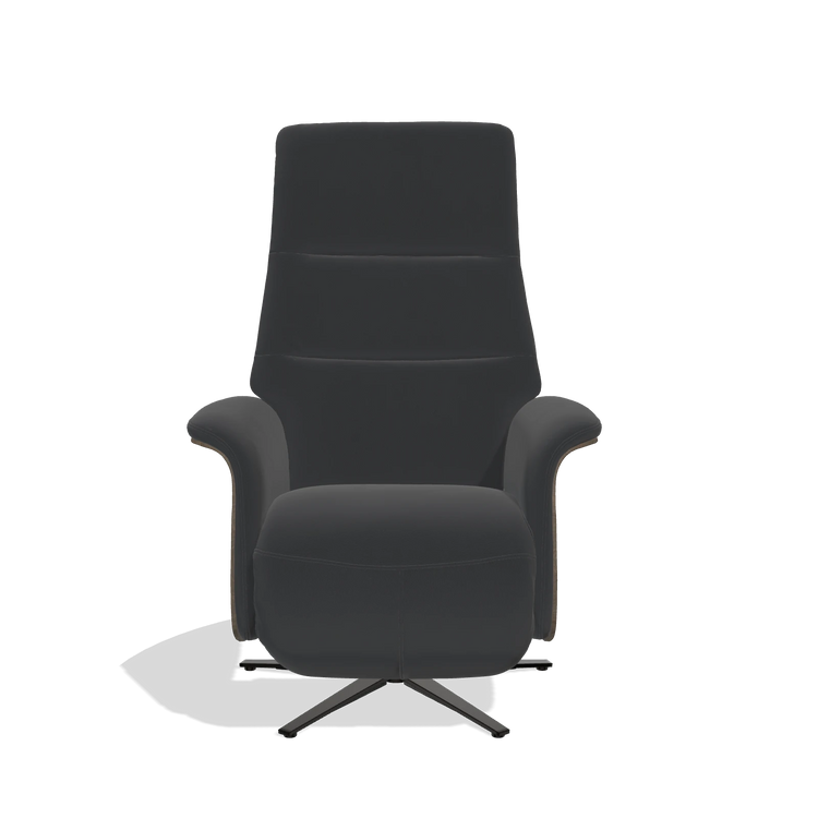 Recliner Atlas 6685 in Leather B500 (black), walnut wood side panels, black metal base, front view