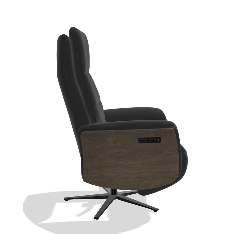 Recliner Atlas 6685 in Leather B500 (black), walnut wood side panels, black metal base, side view