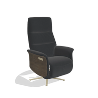 Recliner Atlas 6685 in Leather B500 (black), walnut wood side panels, champagne metal base, angled view