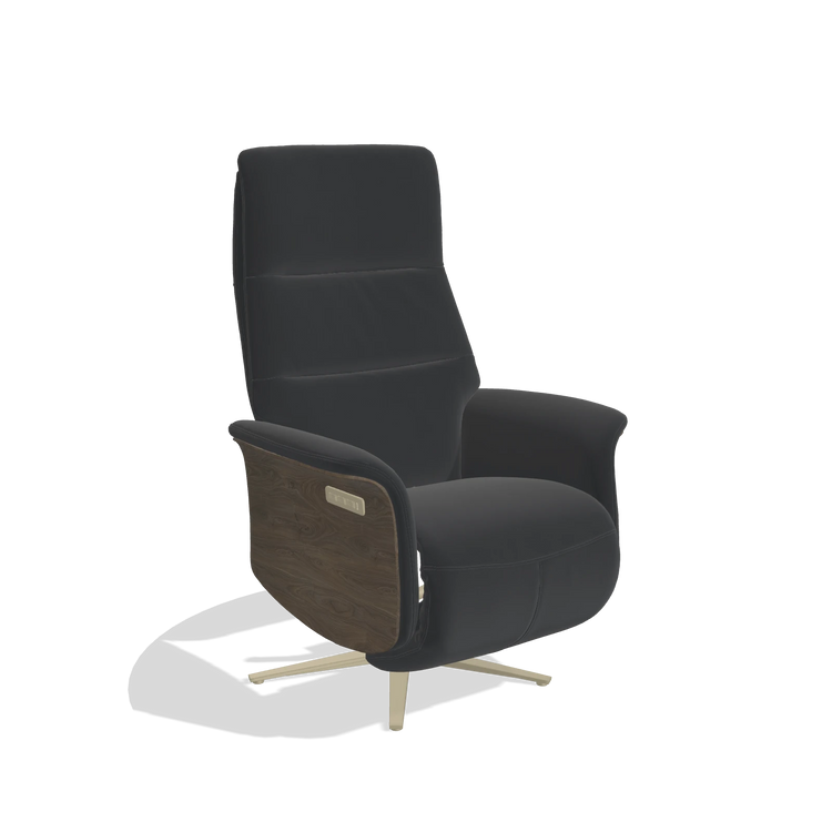 Recliner Atlas 6685 in Leather B500 (black), walnut wood side panels, champagne metal base, angled view