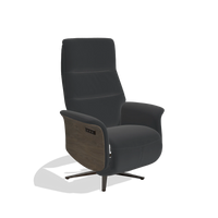 Recliner Atlas 6685 in Leather B500 (black), walnut wood side panels, espresso metal base, angled view