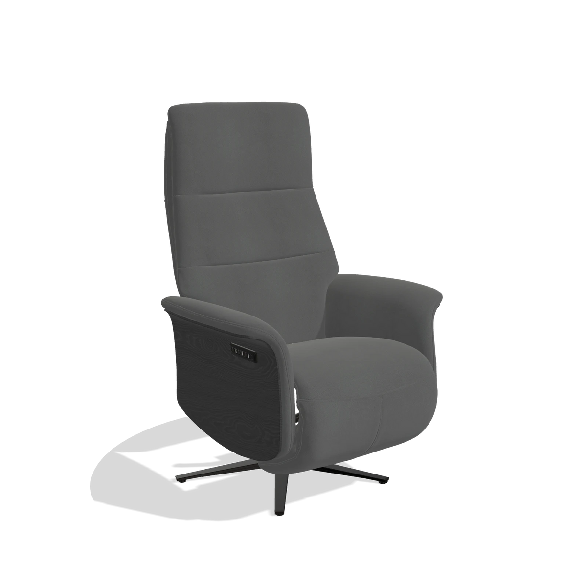 Recliner Atlas 6685 in Leather B502 (dark grey), black wood side panels, black metal base, angled view