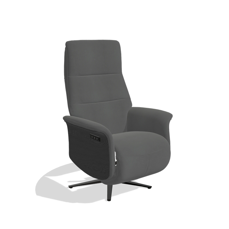 Recliner Atlas 6685 in Leather B502 (dark grey), black wood side panels, black metal base, angled view