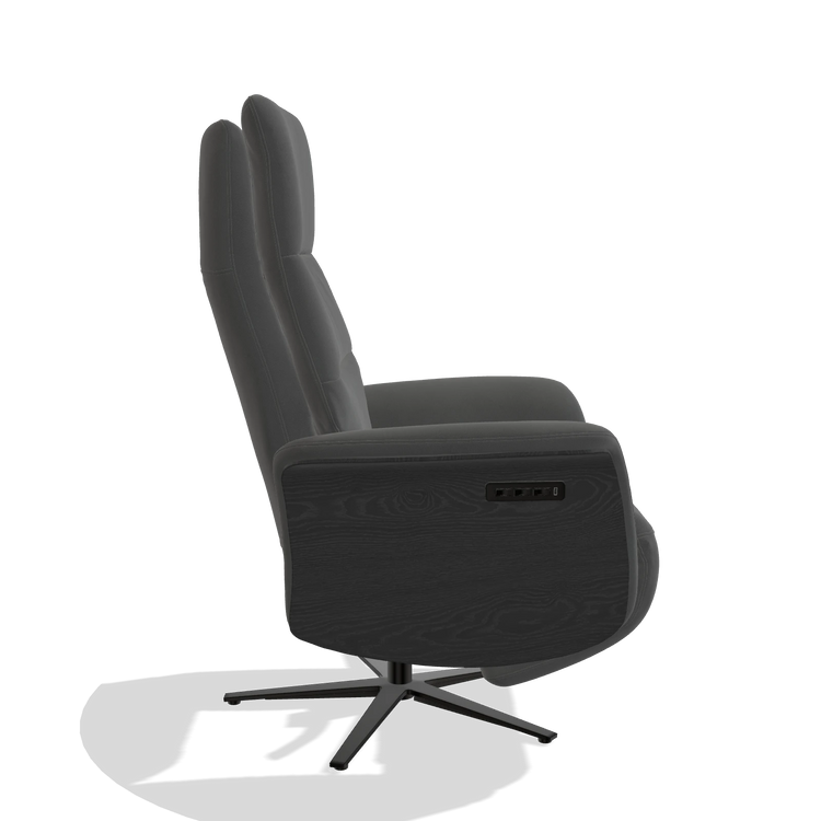 Recliner Atlas 6685 in Leather B502 (dark grey), black wood side panels, black metal base, side view