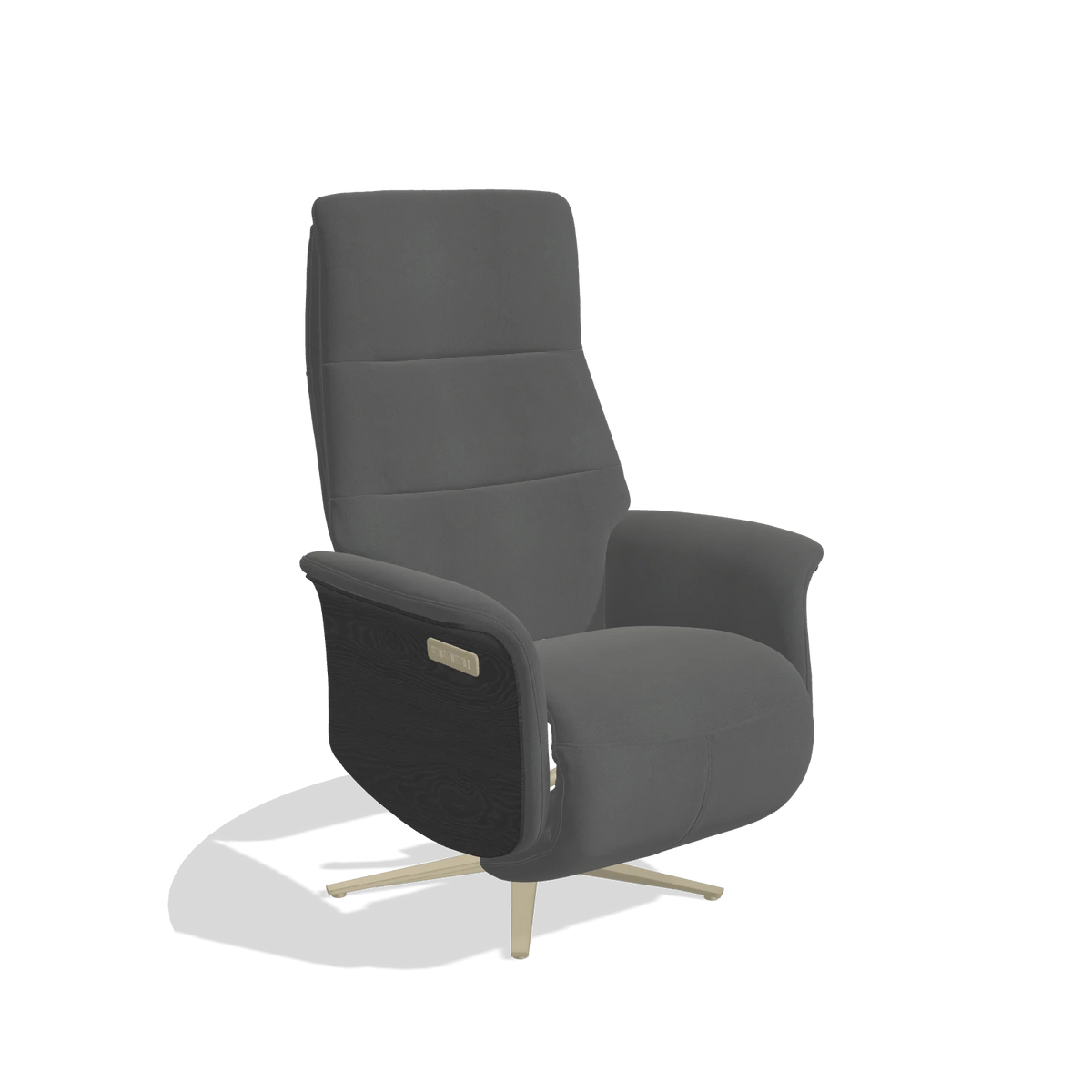Recliner Atlas 6685 in Leather B502 (dark grey), black wood side panels, champagne metal base, angled view