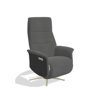Recliner Atlas 6685 in Leather B502 (dark grey), black wood side panels, champagne metal base, angled view
