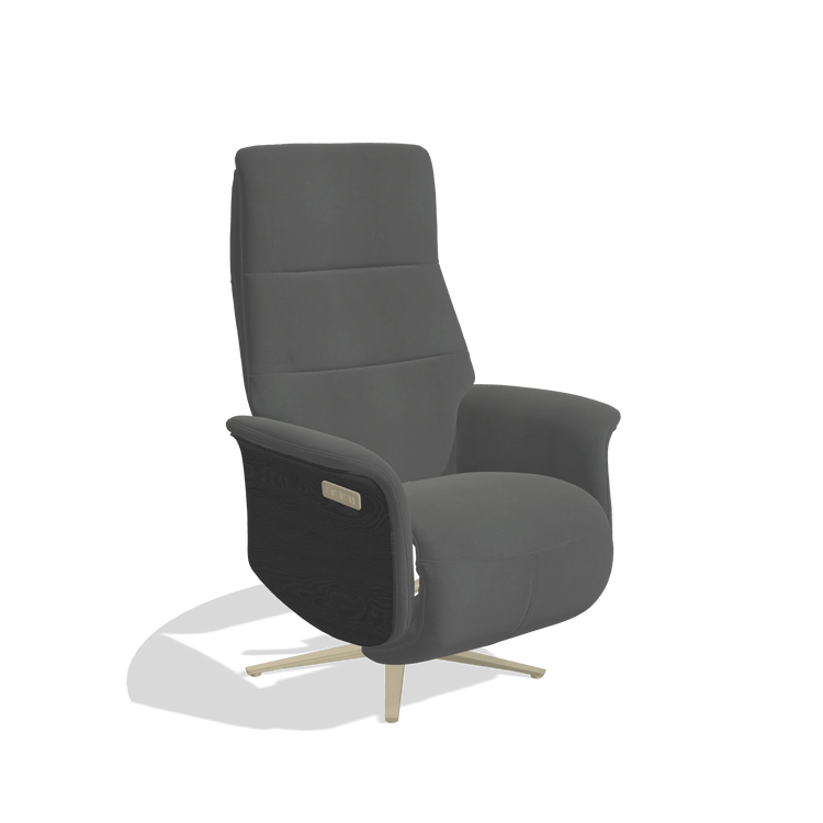 Recliner Atlas 6685 in Leather B502 (dark grey), black wood side panels, champagne metal base, angled view