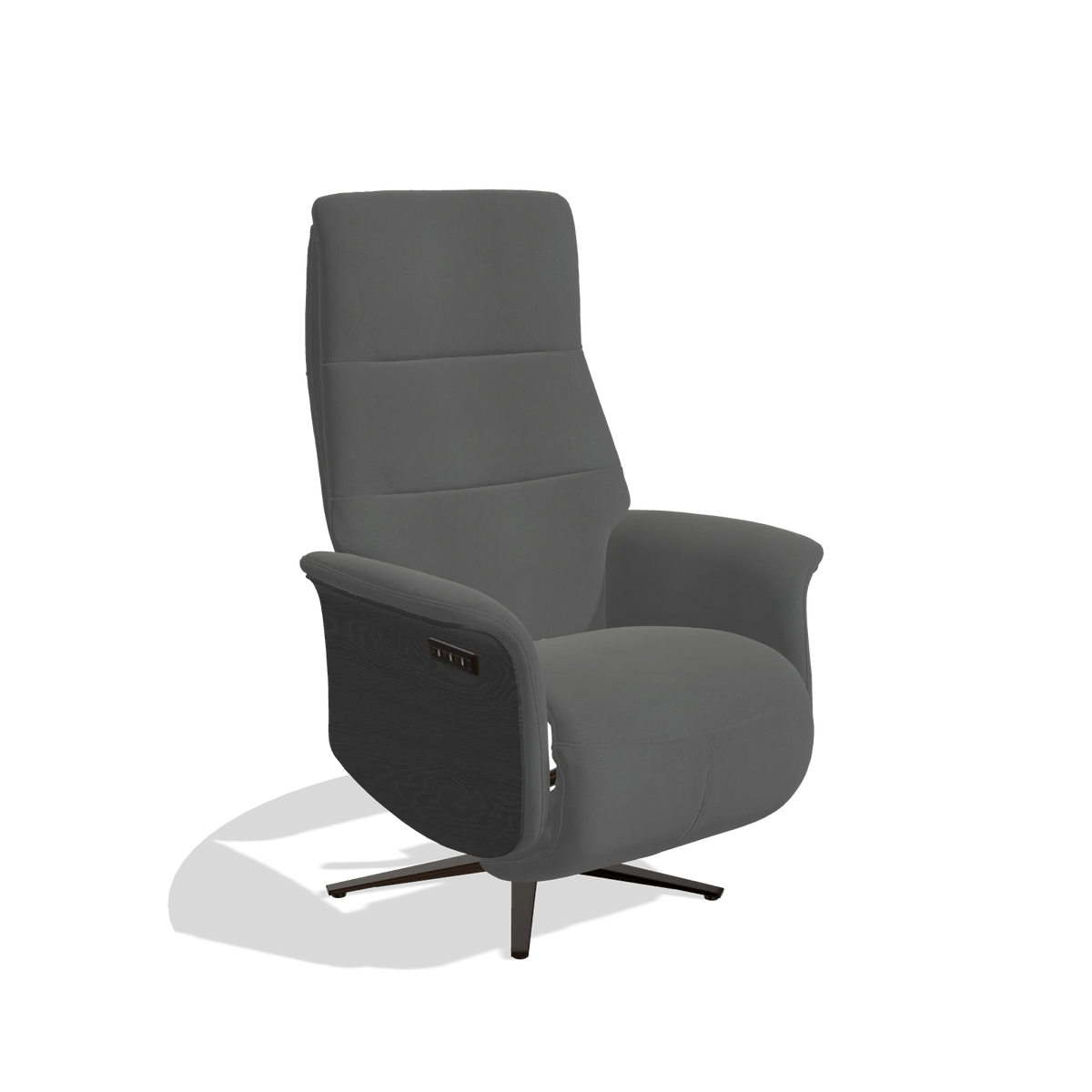 Recliner Atlas 6685 in Leather B502 (dark grey), black wood side panels, espresso metal base, angled view