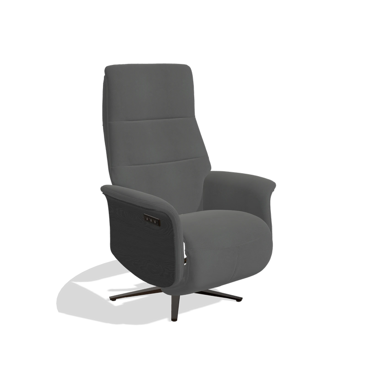 Recliner Atlas 6685 in Leather B502 (dark grey), black wood side panels, espresso metal base, angled view