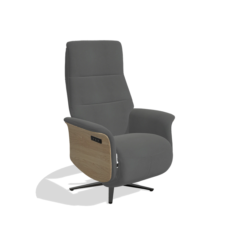 Recliner Atlas 6685 in Leather B502 (dark grey), natural wood side panels, black metal base, angled view