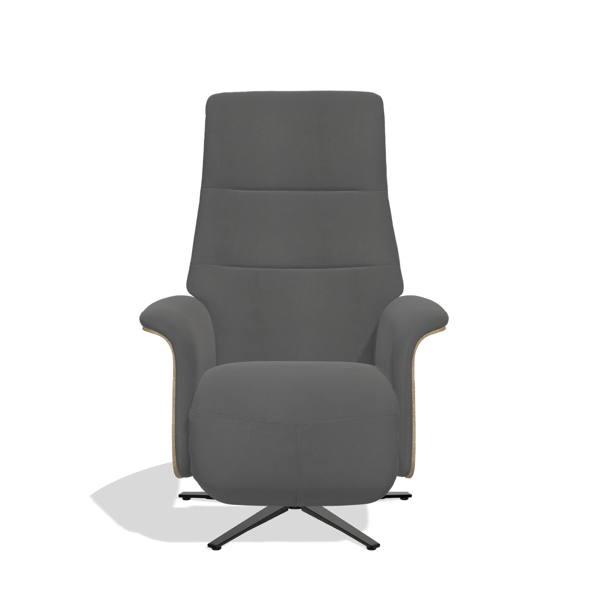 Recliner Atlas 6685 in Leather B502 (dark grey), natural wood side panels, black metal base, front view