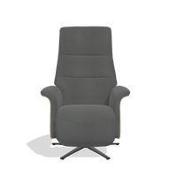Recliner Atlas 6685 in Leather B502 (dark grey), natural wood side panels, black metal base, front view