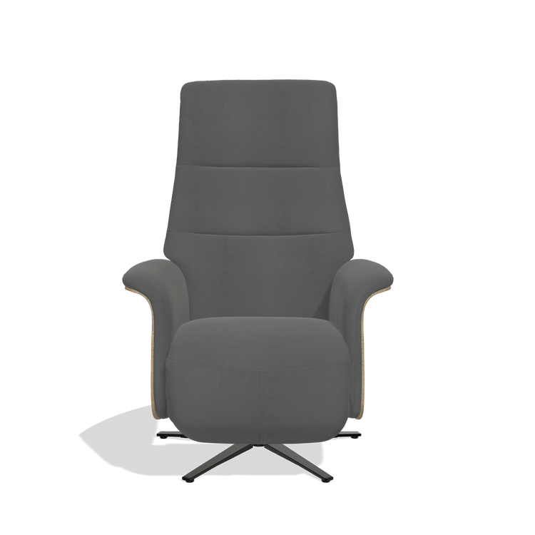 Recliner Atlas 6685 in Leather B502 (dark grey), natural wood side panels, black metal base, front view