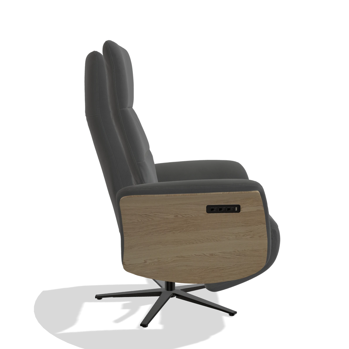 Recliner Atlas 6685 in Leather B502 (dark grey), natural wood side panels, black metal base, side view