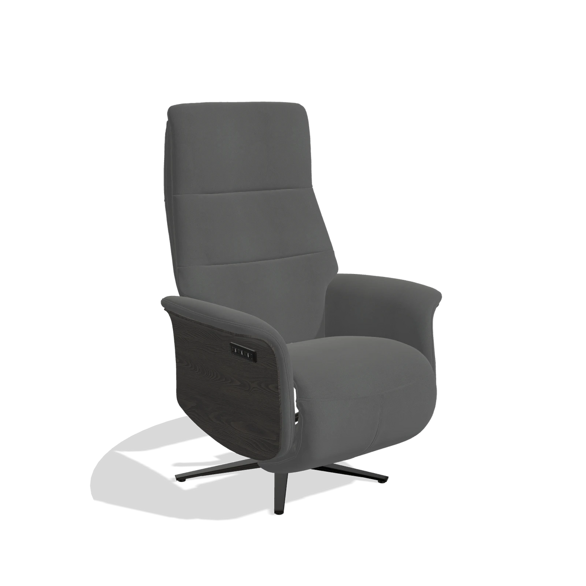 Recliner Atlas 6685 in Leather B502 (dark grey), tobacco wood side panels, black metal base, angled view