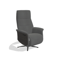 Recliner Atlas 6685 in Leather B502 (dark grey), tobacco wood side panels, black metal base, angled view