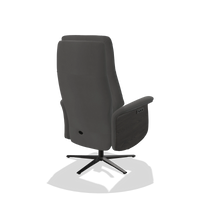 Recliner Atlas 6685 in Leather B502 (dark grey), tobacco wood side panels, black metal base, back angled view