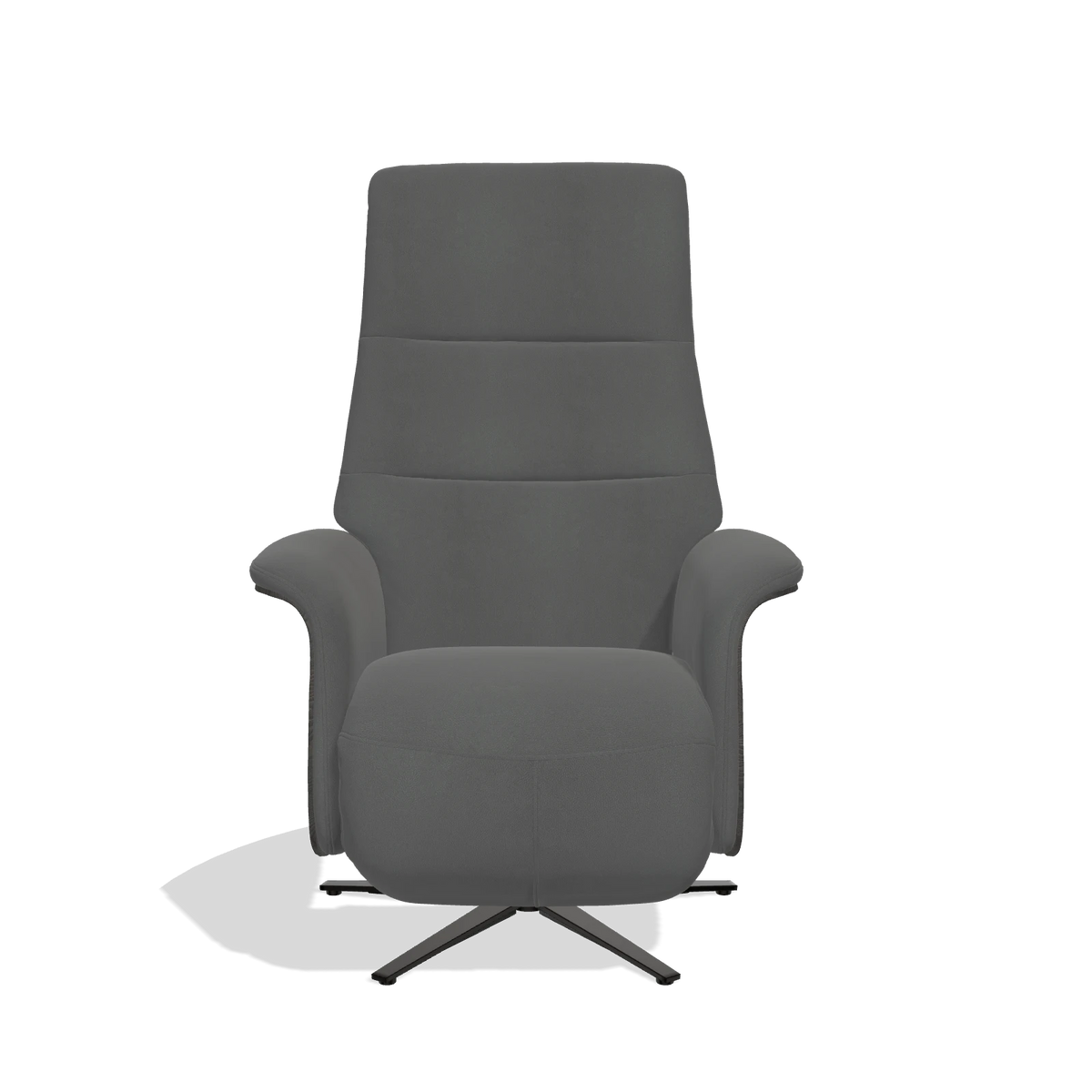 Recliner Atlas 6685 in Leather B502 (dark grey), tobacco wood side panels, black metal base, front view