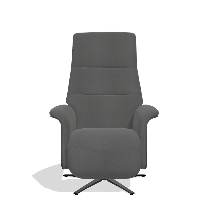 Recliner Atlas 6685 in Leather B502 (dark grey), tobacco wood side panels, black metal base, front view