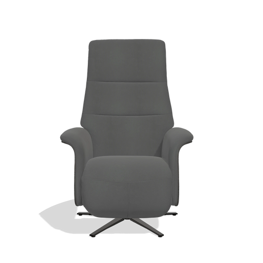 Sillón reclinable Atlas 6685 en Piel B502 (gris oscuro), paneles laterales de madera en tabaco, base metálica en negro, vista frontal