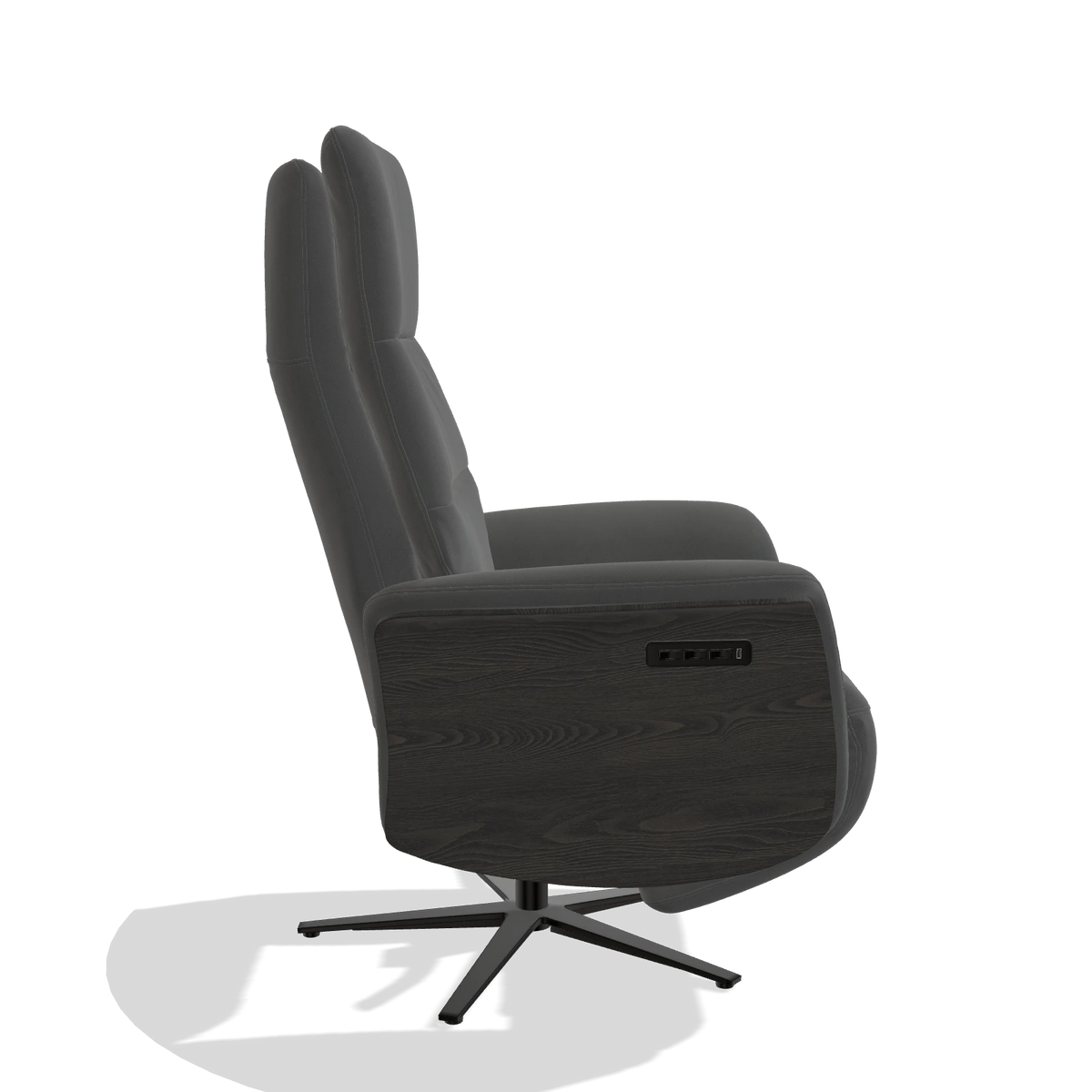 Recliner Atlas 6685 in Leather B502 (dark grey), tobacco wood side panels, black metal base, side view