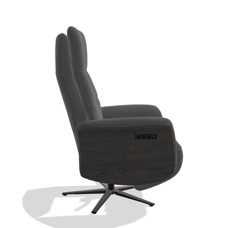 Recliner Atlas 6685 in Leather B502 (dark grey), tobacco wood side panels, black metal base, side view
