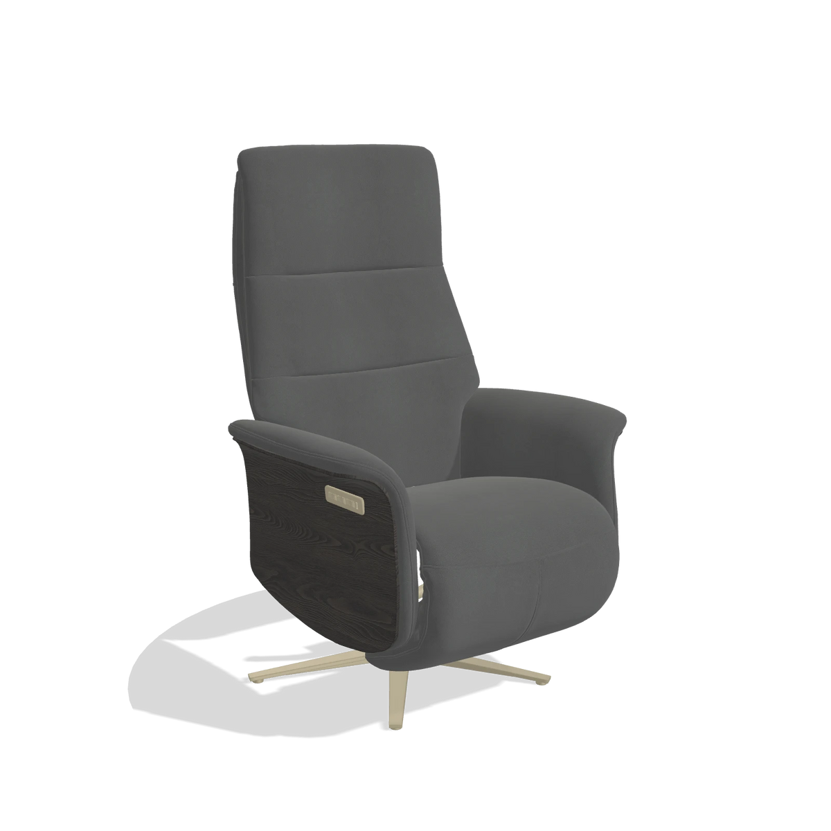 Recliner Atlas 6685 in Leather B502 (dark grey), tobacco wood side panels, champagne metal base, angled view