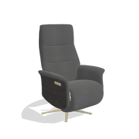 Recliner Atlas 6685 in Leather B502 (dark grey), tobacco wood side panels, champagne metal base, angled view
