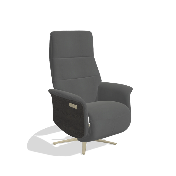 Recliner Atlas 6685 in Leather B502 (dark grey), tobacco wood side panels, champagne metal base, angled view
