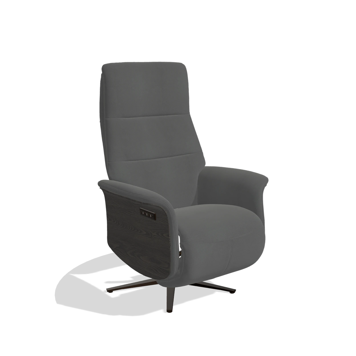 Recliner Atlas 6685 in Leather B502 (dark grey), tobacco wood side panels, espresso metal base, angled view