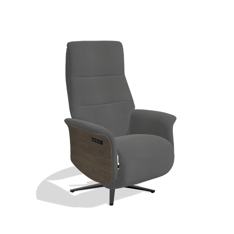 Recliner Atlas 6685 in Leather B502 (dark grey), walnut wood side panels, black metal base, angled view