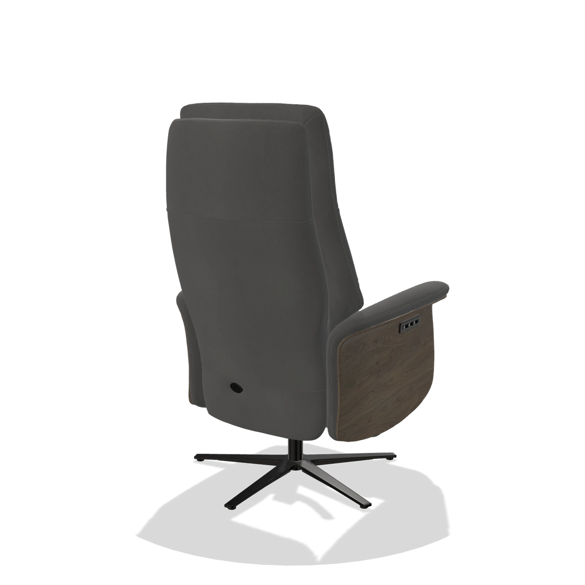 Recliner Atlas 6685 in Leather B502 (dark grey), walnut wood side panels, black metal base, back angled view