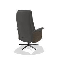 Recliner Atlas 6685 in Leather B502 (dark grey), walnut wood side panels, black metal base, back angled view