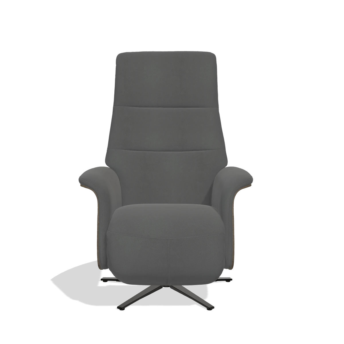 Recliner Atlas 6685 in Leather B502 (dark grey), walnut wood side panels, black metal base, front view
